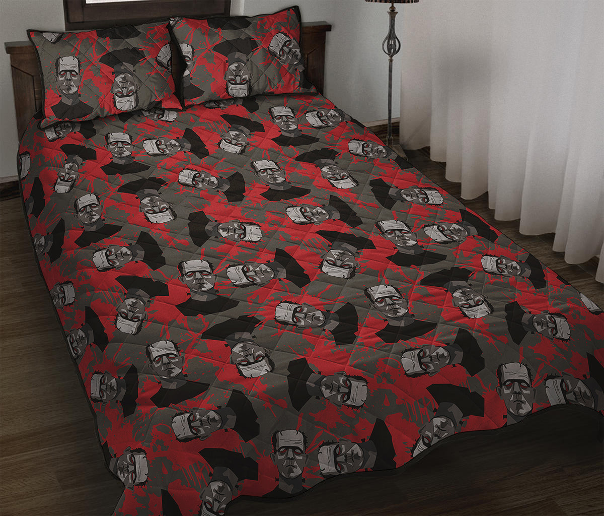 Horror Frankenstein Pattern Print Quilt Bed Set