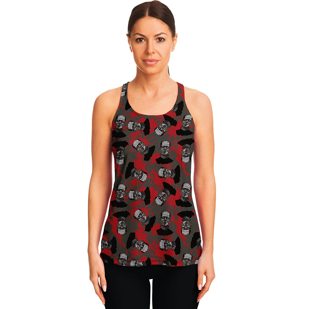 Horror Frankenstein Pattern Print Women's Racerback Tank Top