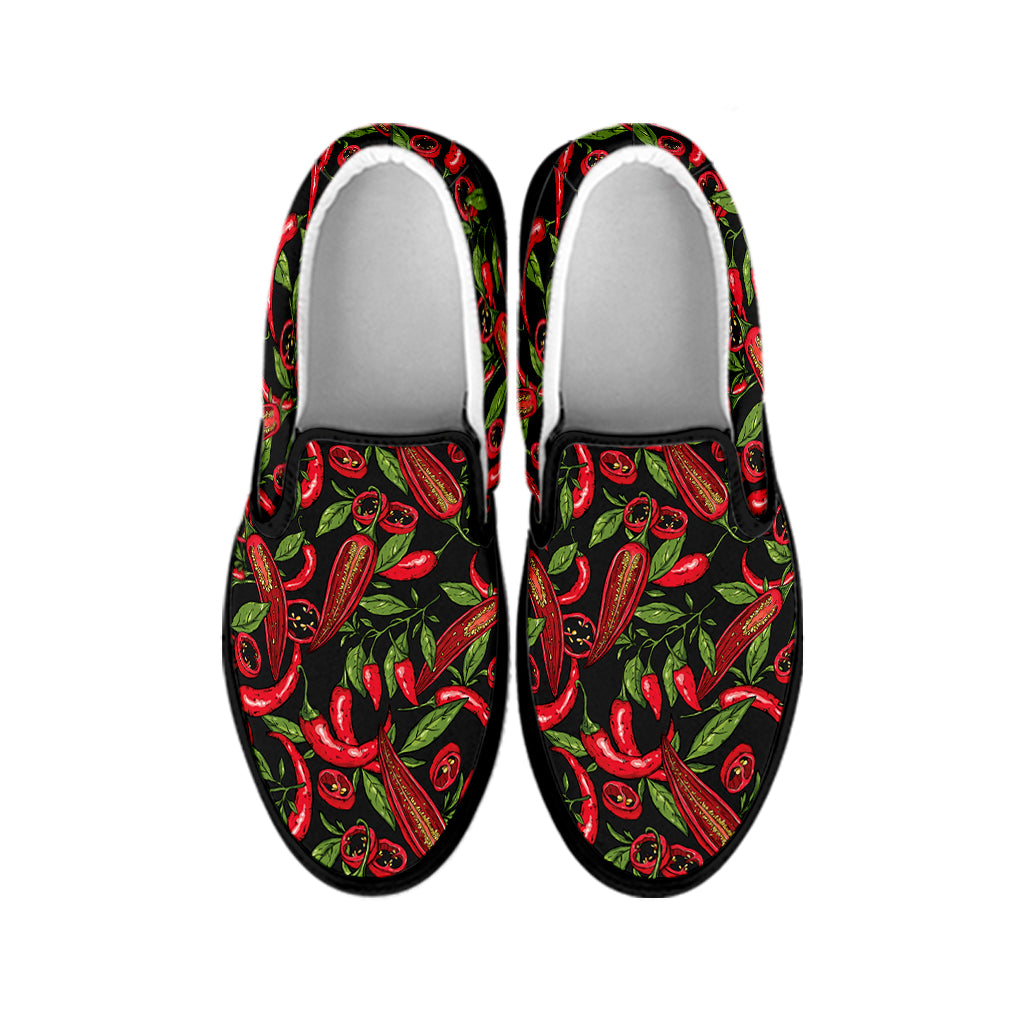 Hot Chili Peppers Pattern Print Black Slip On Shoes