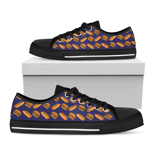 Hot Dog And Hamburger Pattern Print Black Low Top Shoes