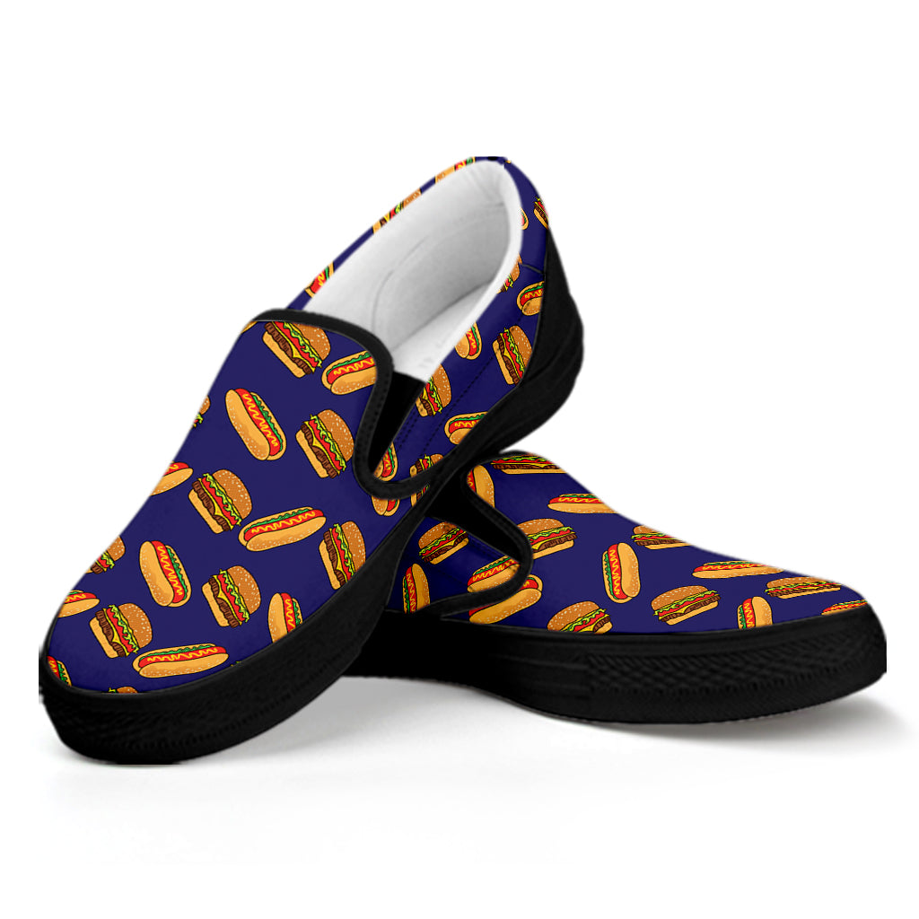Hot Dog And Hamburger Pattern Print Black Slip On Shoes