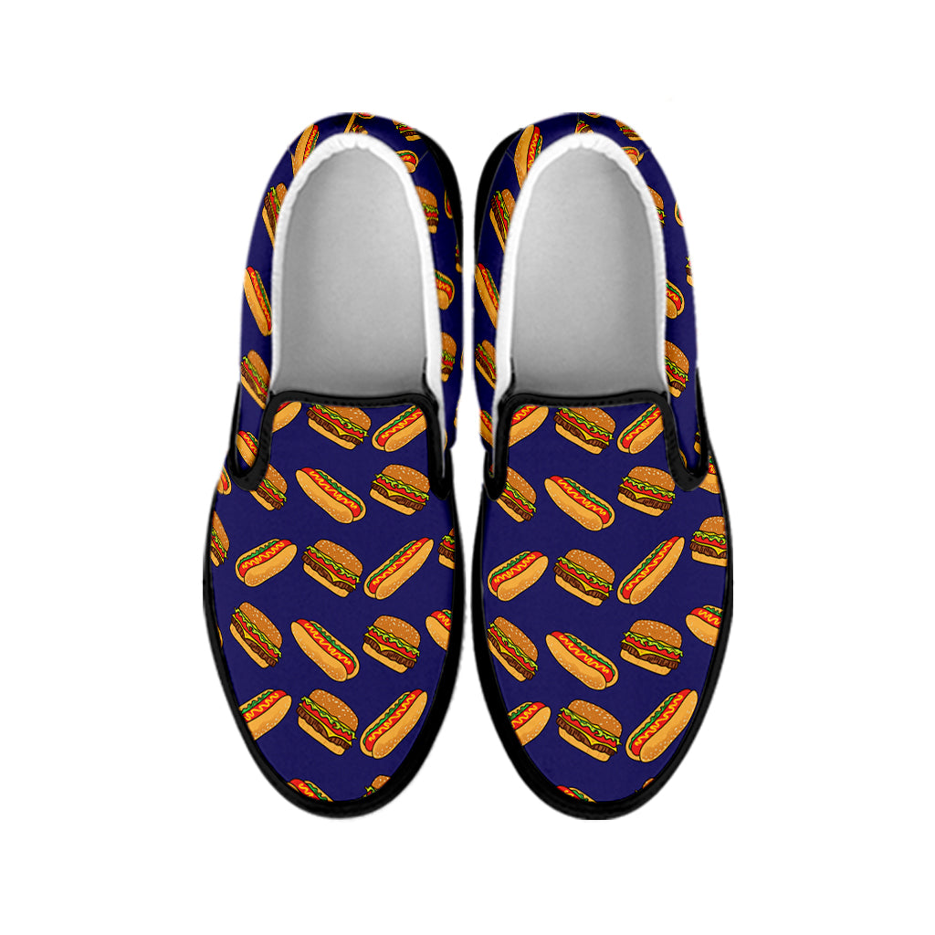 Hot Dog And Hamburger Pattern Print Black Slip On Shoes