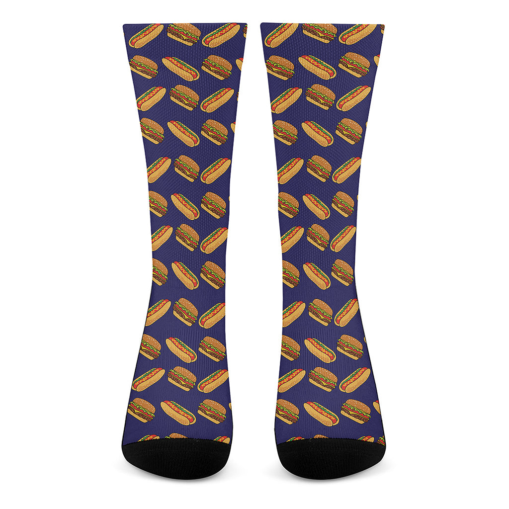 Hot Dog And Hamburger Pattern Print Crew Socks