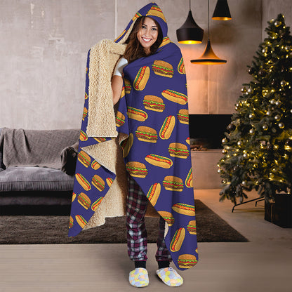 Hot Dog And Hamburger Pattern Print Hooded Blanket