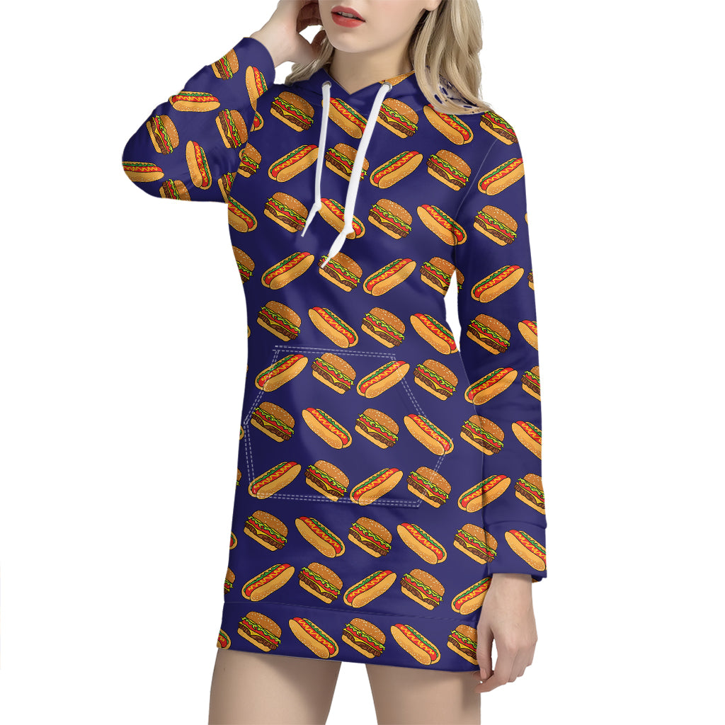 Hot Dog And Hamburger Pattern Print Hoodie Dress
