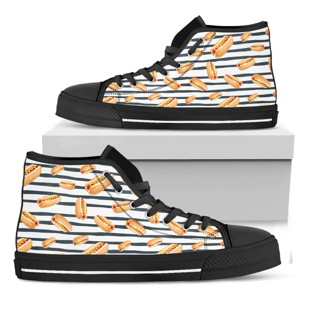 Hot Dog Striped Pattern Print Black High Top Shoes