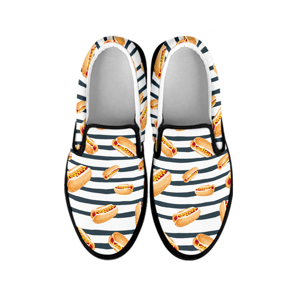 Hot Dog Striped Pattern Print Black Slip On Shoes