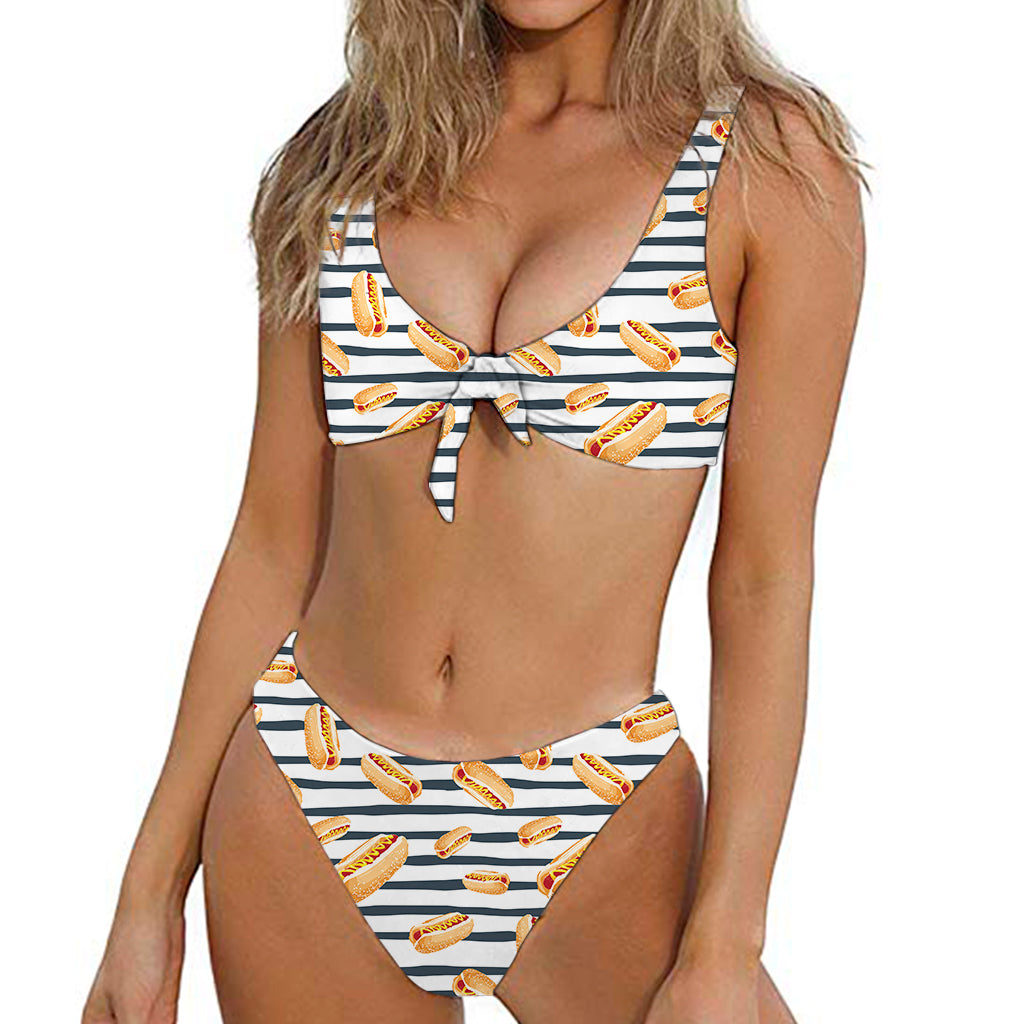 Hot Dog Striped Pattern Print Front Bow Tie Bikini