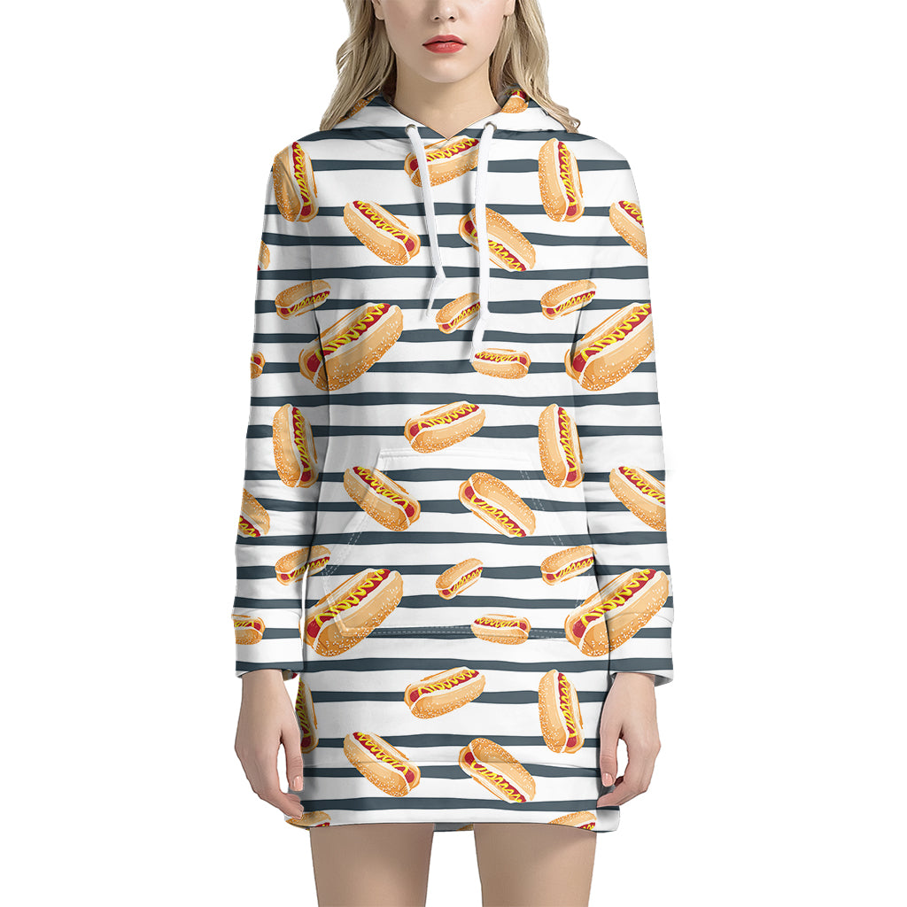 Hot Dog Striped Pattern Print Hoodie Dress