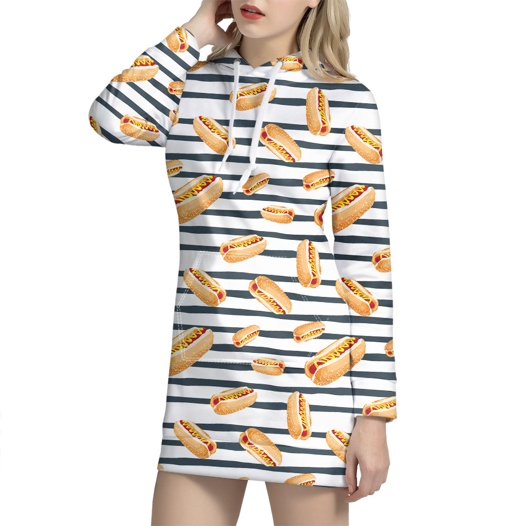 Hot Dog Striped Pattern Print Hoodie Dress