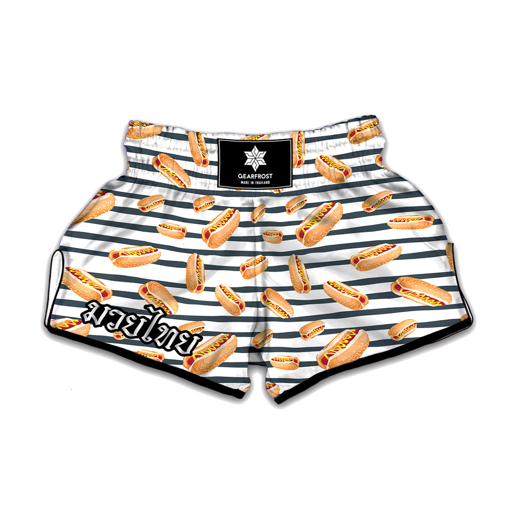 Hot Dog Striped Pattern Print Muay Thai Boxing Shorts