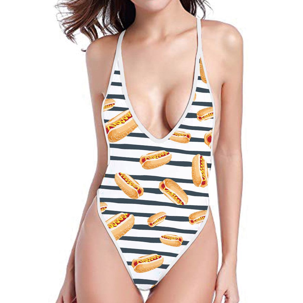 Hot Dog Striped Pattern Print One Piece High Cut Swimsuit