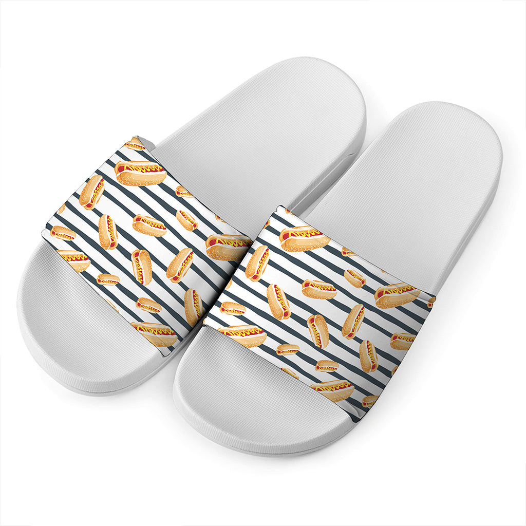 Hot Dog Striped Pattern Print White Slide Sandals