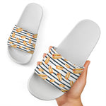 Hot Dog Striped Pattern Print White Slide Sandals