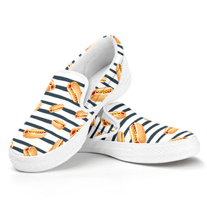 Hot Dog Striped Pattern Print White Slip On Shoes