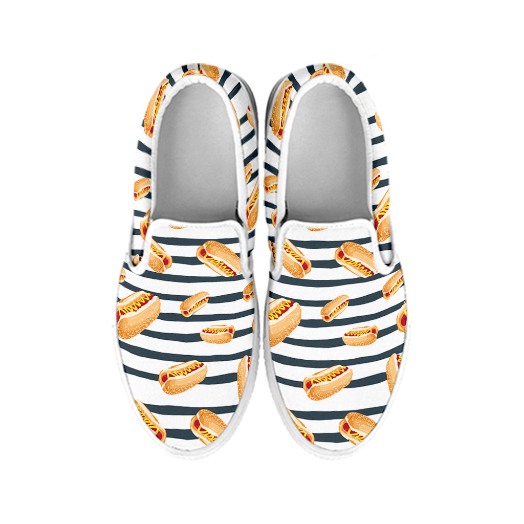 Hot Dog Striped Pattern Print White Slip On Shoes