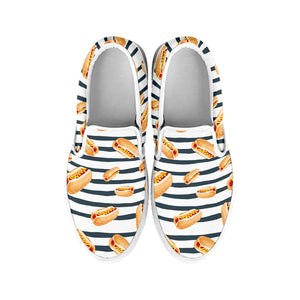 Hot Dog Striped Pattern Print White Slip On Shoes