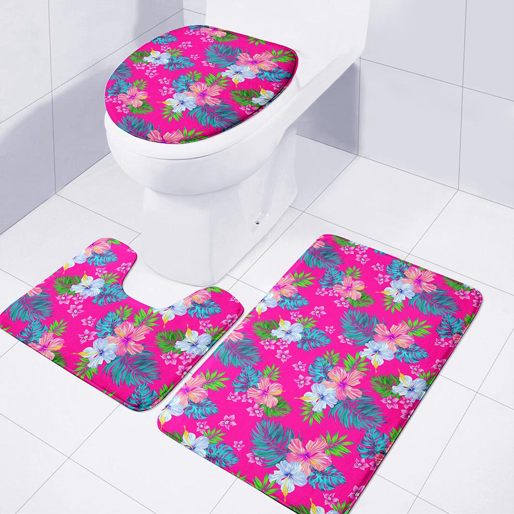 Hot Pink Aloha Hibiscus Pattern Print 3 Piece Bath Mat Set