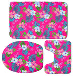 Hot Pink Aloha Hibiscus Pattern Print 3 Piece Bath Mat Set