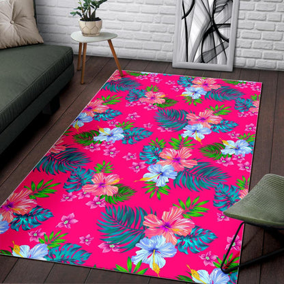 Hot Pink Aloha Hibiscus Pattern Print Area Rug GearFrost