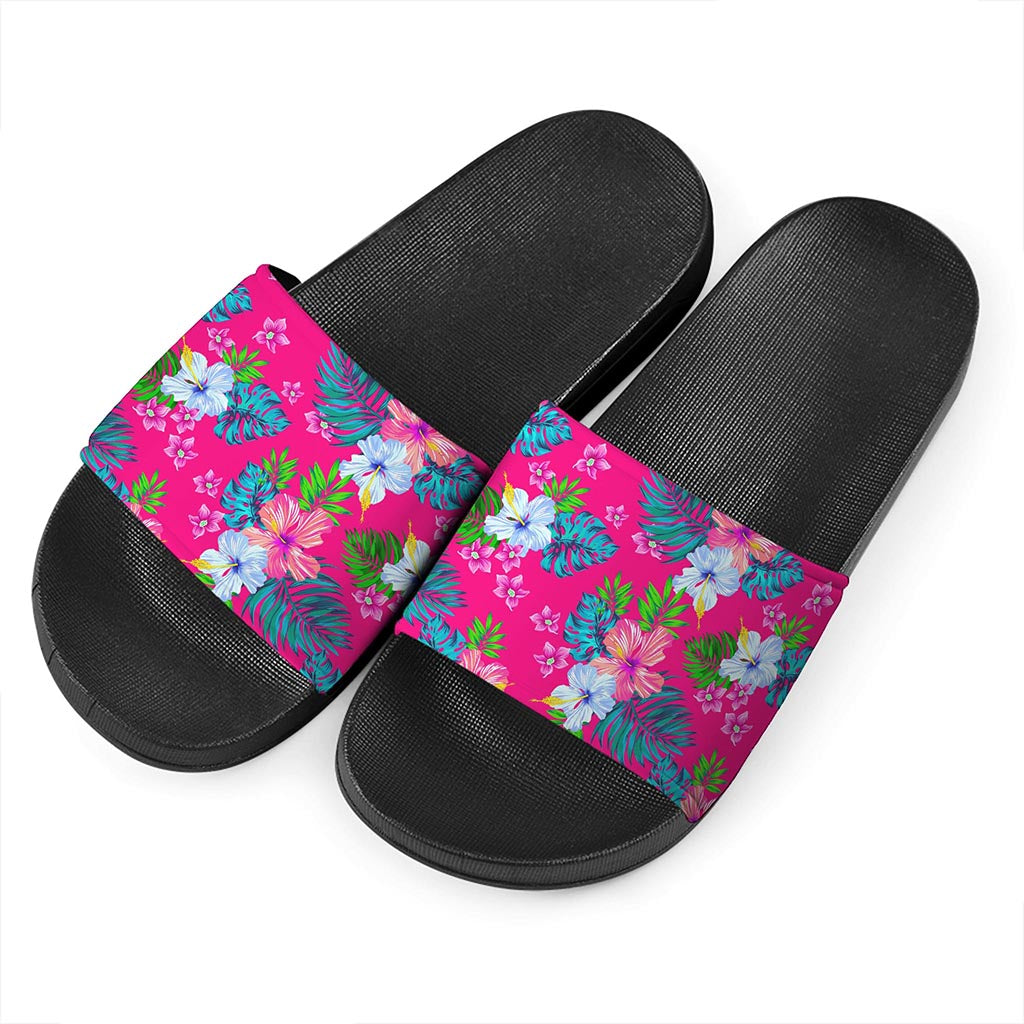 Hot Pink Aloha Hibiscus Pattern Print Black Slide Sandals