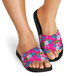 Hot Pink Aloha Hibiscus Pattern Print Black Slide Sandals