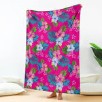 Hot Pink Aloha Hibiscus Pattern Print Blanket