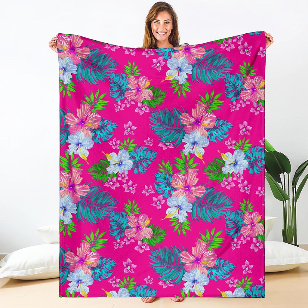 Hot Pink Aloha Hibiscus Pattern Print Blanket
