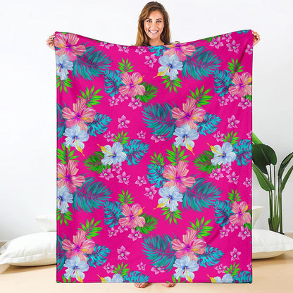 Hot Pink Aloha Hibiscus Pattern Print Blanket