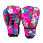 Hot Pink Aloha Hibiscus Pattern Print Boxing Gloves