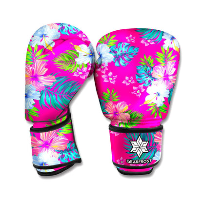Hot Pink Aloha Hibiscus Pattern Print Boxing Gloves
