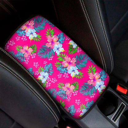 Hot Pink Aloha Hibiscus Pattern Print Car Center Console Cover