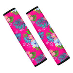 Hot Pink Aloha Hibiscus Pattern Print Car Seat Belt Covers