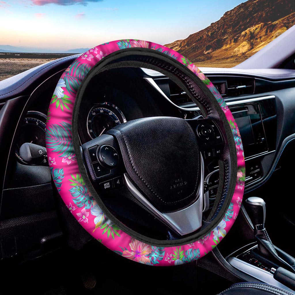 Hot Pink Aloha Hibiscus Pattern Print Car Steering Wheel Cover