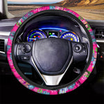 Hot Pink Aloha Hibiscus Pattern Print Car Steering Wheel Cover