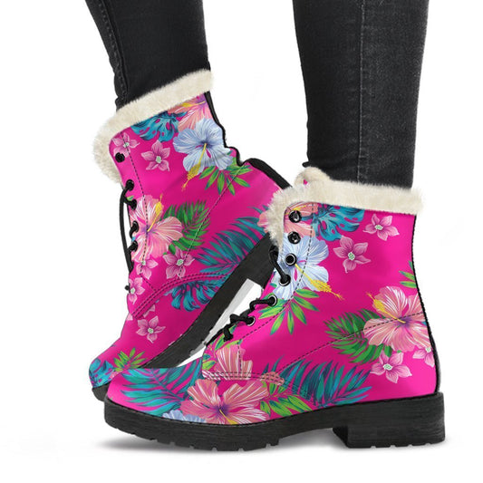 Hot Pink Aloha Hibiscus Pattern Print Comfy Boots GearFrost
