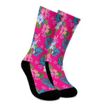 Hot Pink Aloha Hibiscus Pattern Print Crew Socks