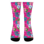 Hot Pink Aloha Hibiscus Pattern Print Crew Socks