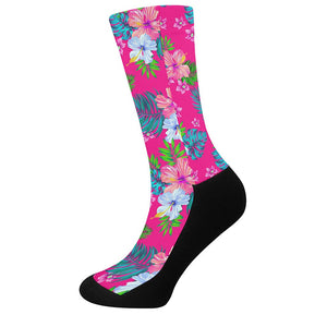 Hot Pink Aloha Hibiscus Pattern Print Crew Socks