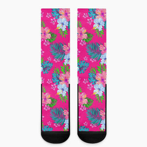 Hot Pink Aloha Hibiscus Pattern Print Crew Socks