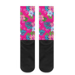 Hot Pink Aloha Hibiscus Pattern Print Crew Socks