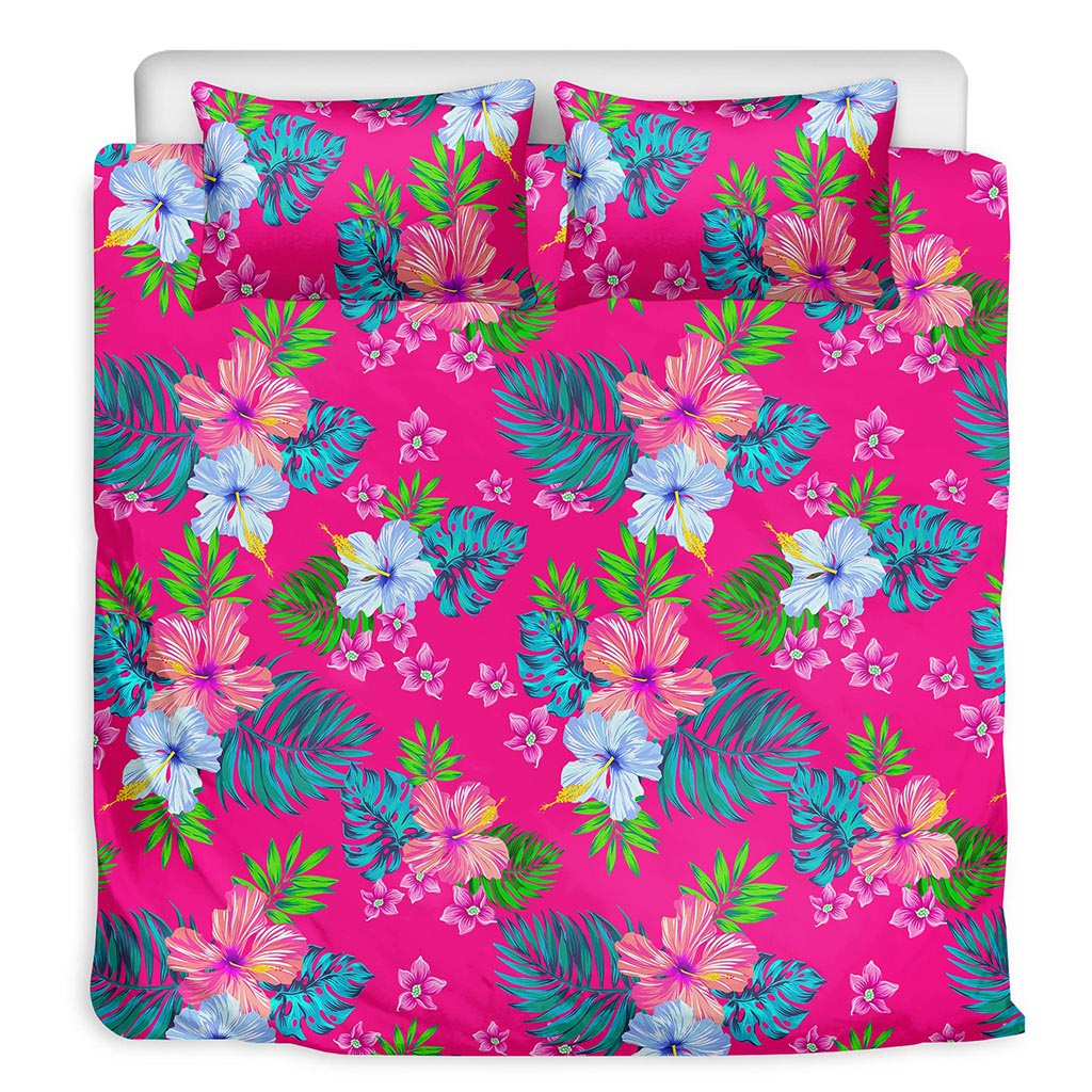 Hot Pink Aloha Hibiscus Pattern Print Duvet Cover Bedding Set