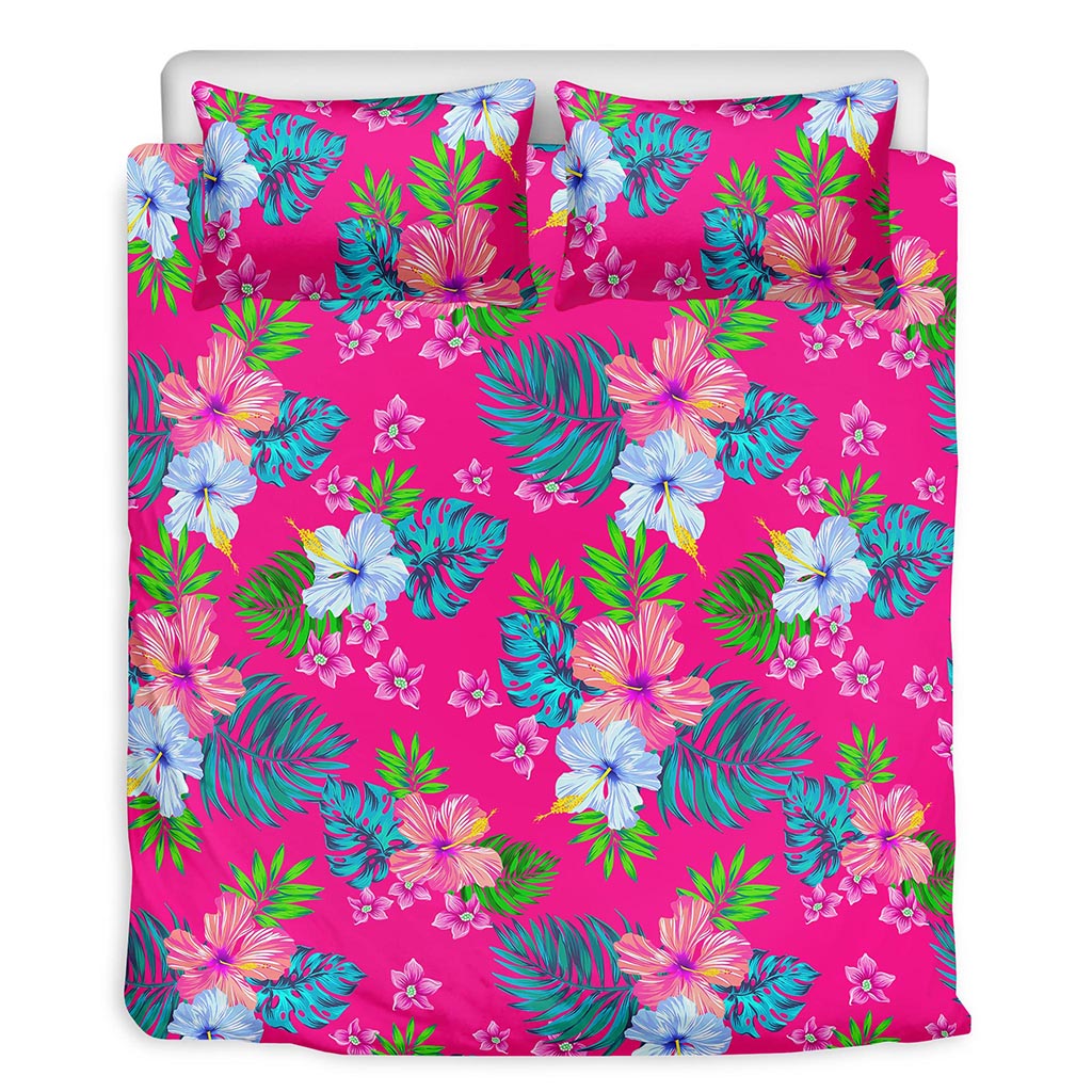 Hot Pink Aloha Hibiscus Pattern Print Duvet Cover Bedding Set