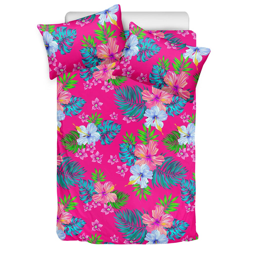 Hot Pink Aloha Hibiscus Pattern Print Duvet Cover Bedding Set