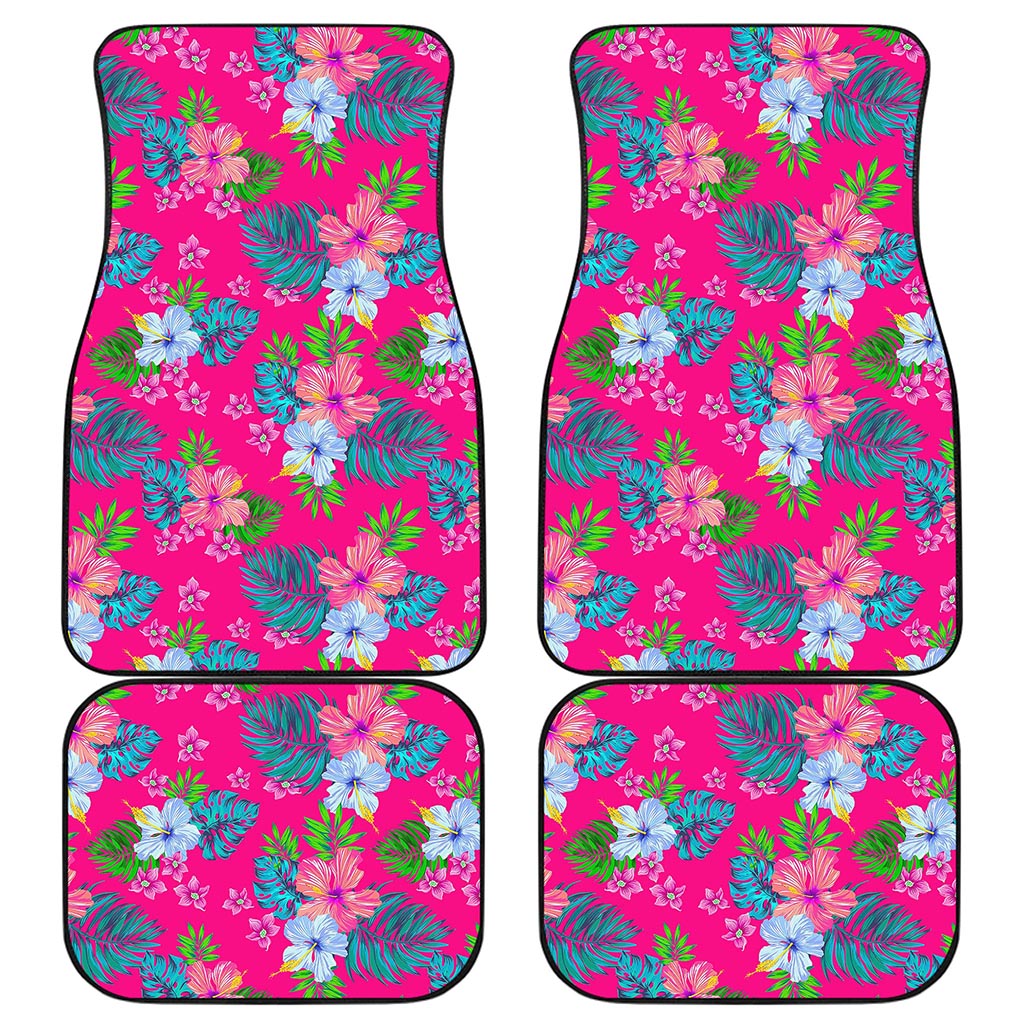 Hot Pink Aloha Hibiscus Pattern Print Front and Back Car Floor Mats