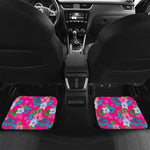 Hot Pink Aloha Hibiscus Pattern Print Front and Back Car Floor Mats