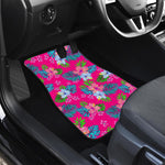 Hot Pink Aloha Hibiscus Pattern Print Front and Back Car Floor Mats