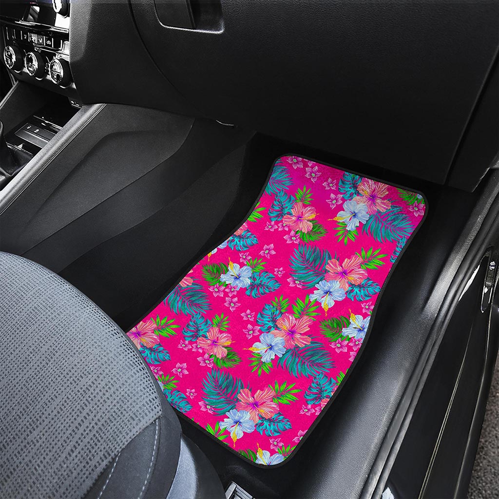 Hot Pink Aloha Hibiscus Pattern Print Front and Back Car Floor Mats