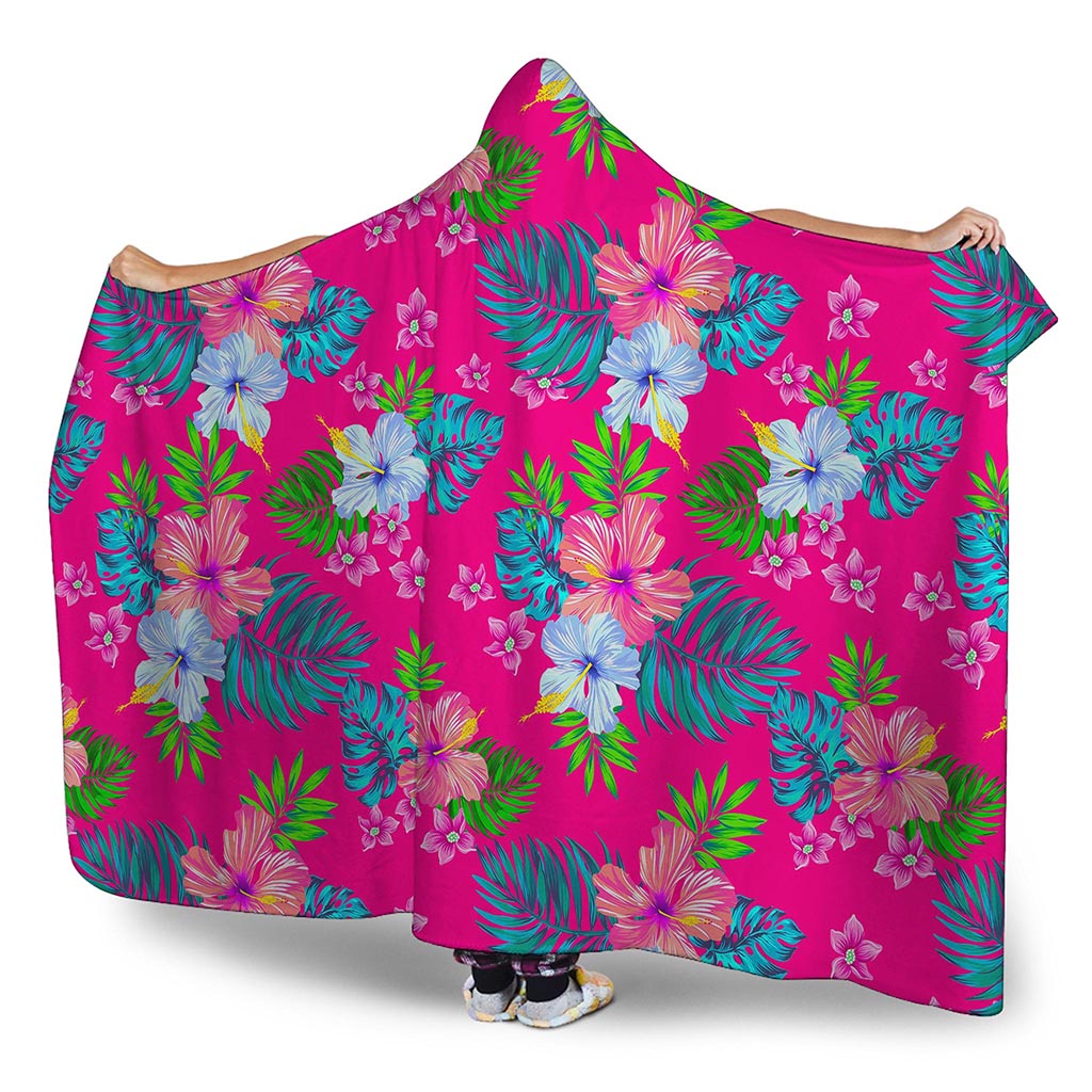 Hot Pink Aloha Hibiscus Pattern Print Hooded Blanket