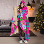 Hot Pink Aloha Hibiscus Pattern Print Hooded Blanket